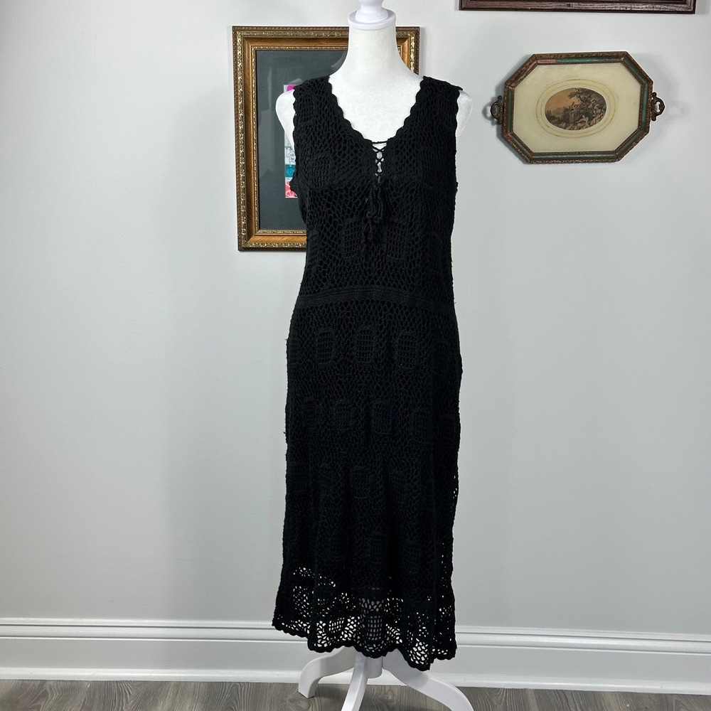 Vintage Monroe & Main Black Crochet Midi Dress - SIZE L Lace Up Boho Whimsygoth